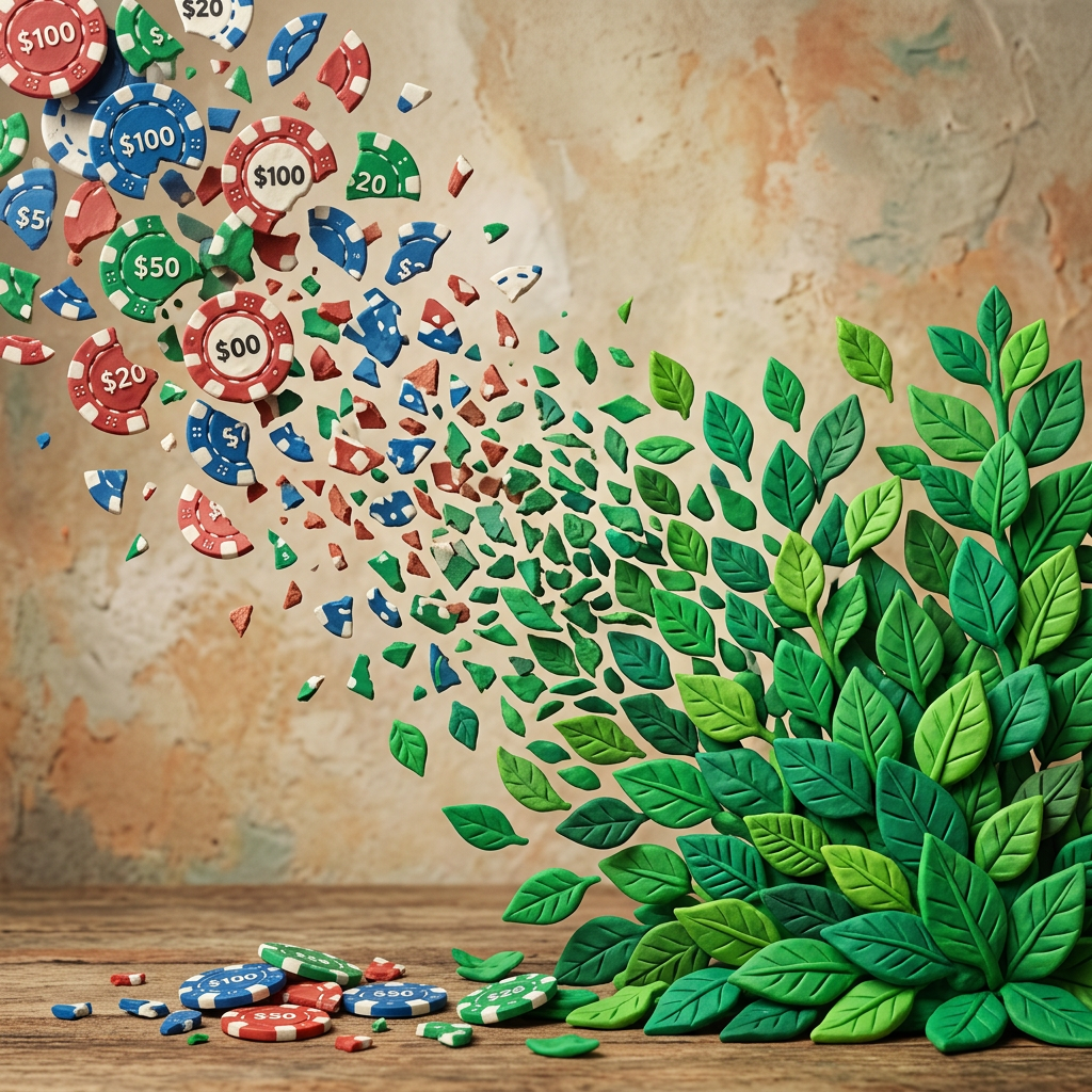 Gambling chips breaking apart and transforming into green leaves