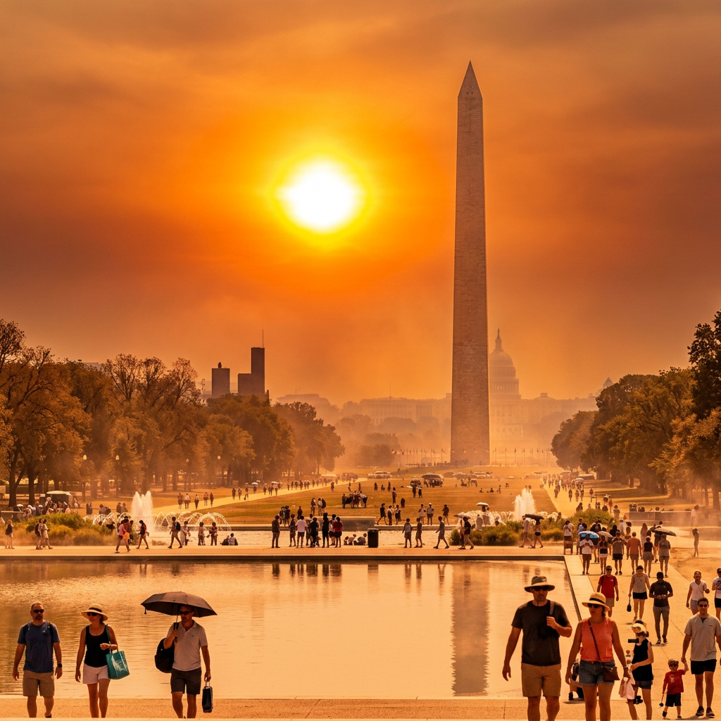 Crowds walking and relaxing near the Washington Monument with the sun setting