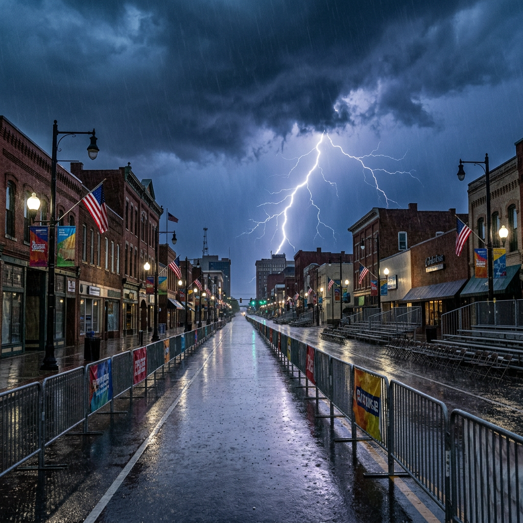 Lightning bolt striking above empty wet downtown street lined with shops and American flags at night