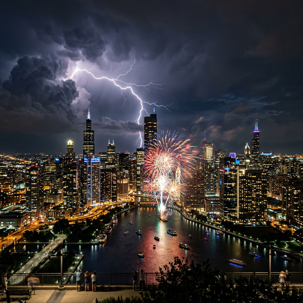 Night city skyline with fireworks over a river and lightning in stormy clouds