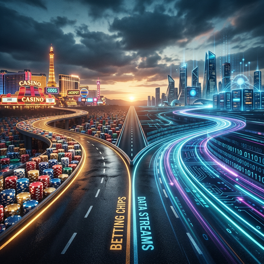Divided highway with betting chips on one side and glowing data streams leading to futuristic cityscape on the other