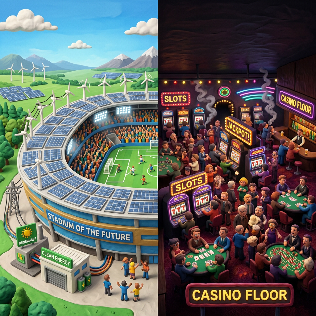Left side shows a stadium powered by solar panels and wind turbines with a soccer game; right side shows a busy casino with slot machines and card players.