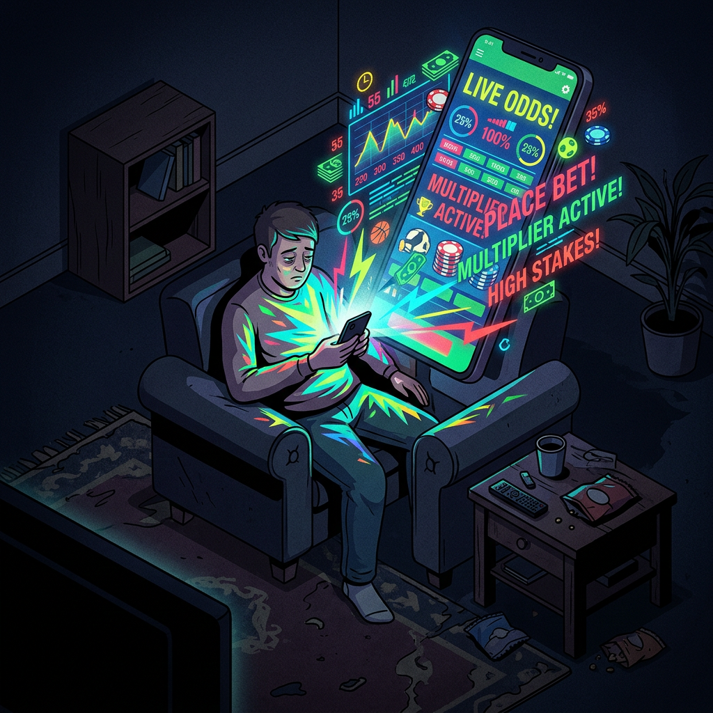 Person sitting alone on a couch looking at a phone with bright online betting graphics
