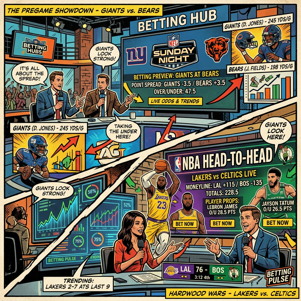 Sports analysts discussing NFL and NBA betting odds and player statistics in a studio setting with graphic overlays.