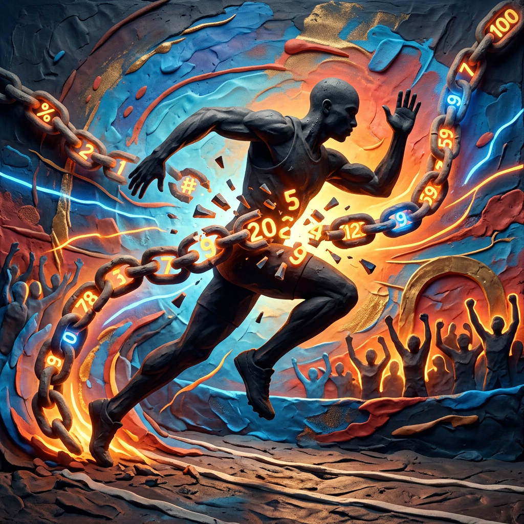Runner breaking glowing chains made of numbers with cheering crowd
