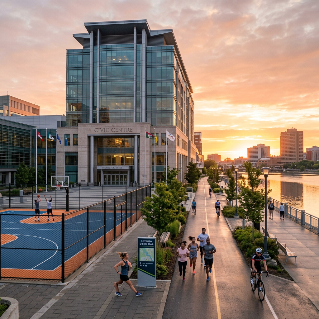 Runners, cyclist, and basketball players near modern civic center by river at sunset