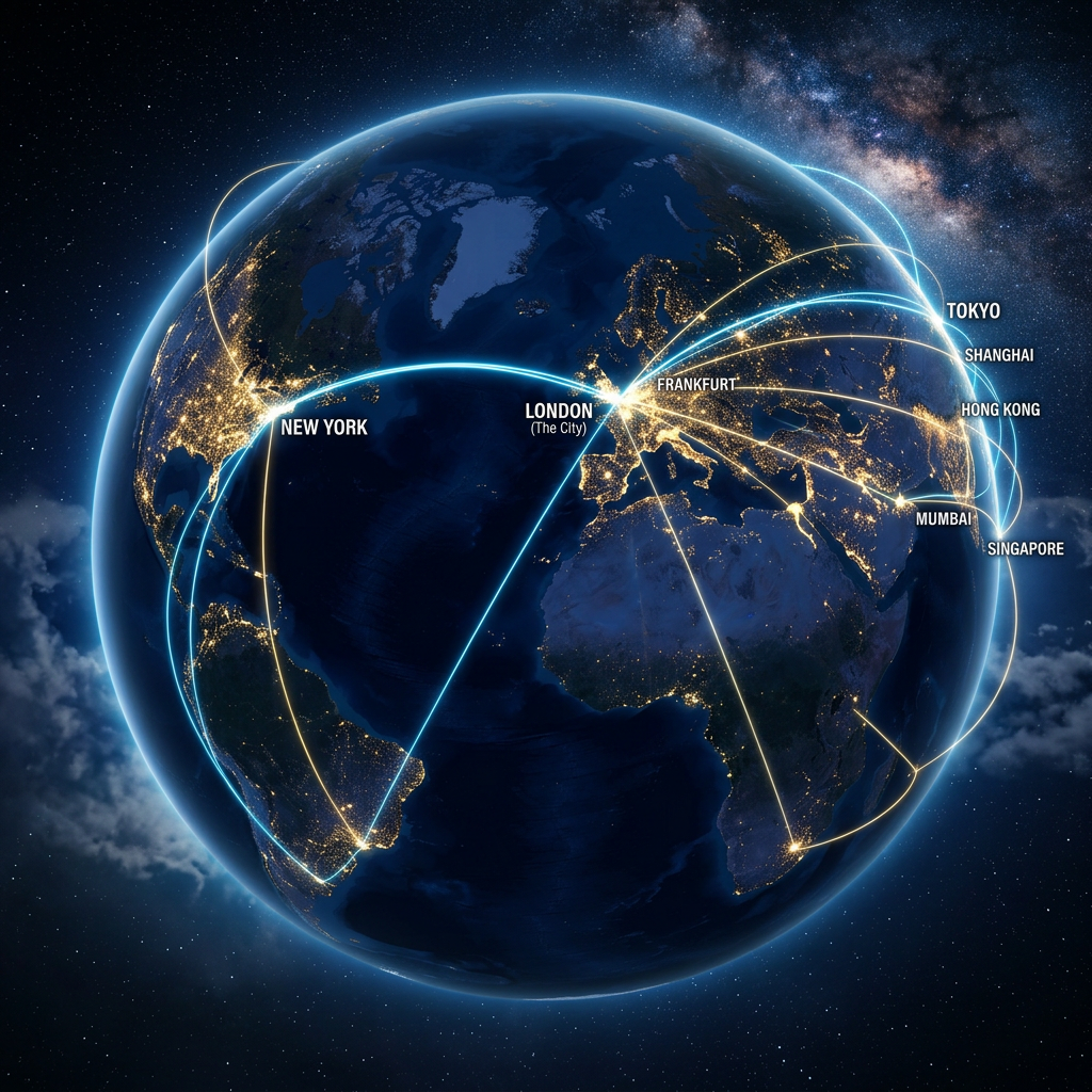Globe at night showing flight connections among New York, London, Frankfurt, Tokyo, Shanghai, Hong Kong, Mumbai, and Singapore