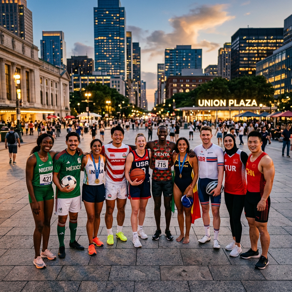 Group of international athletes in sports uniforms smiling in urban plaza at sunset