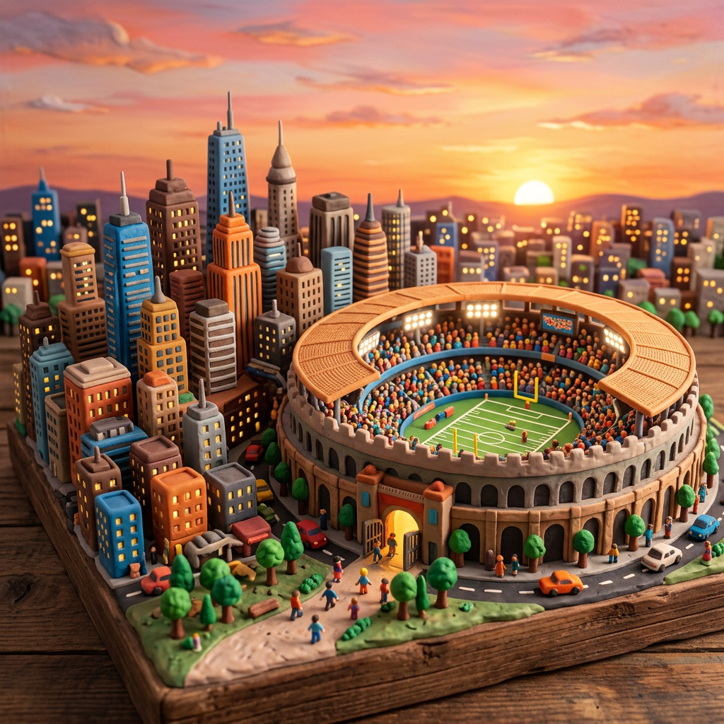Miniature city with colorful buildings and a stadium full of people watching a football game at sunset