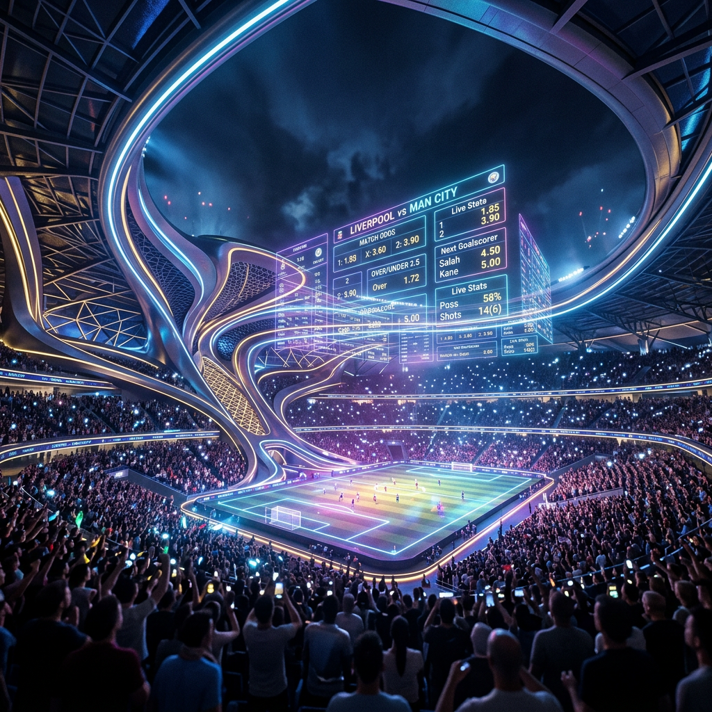 Futuristic football stadium with crowds and augmented reality scoreboard showing Liverpool vs Man City match stats