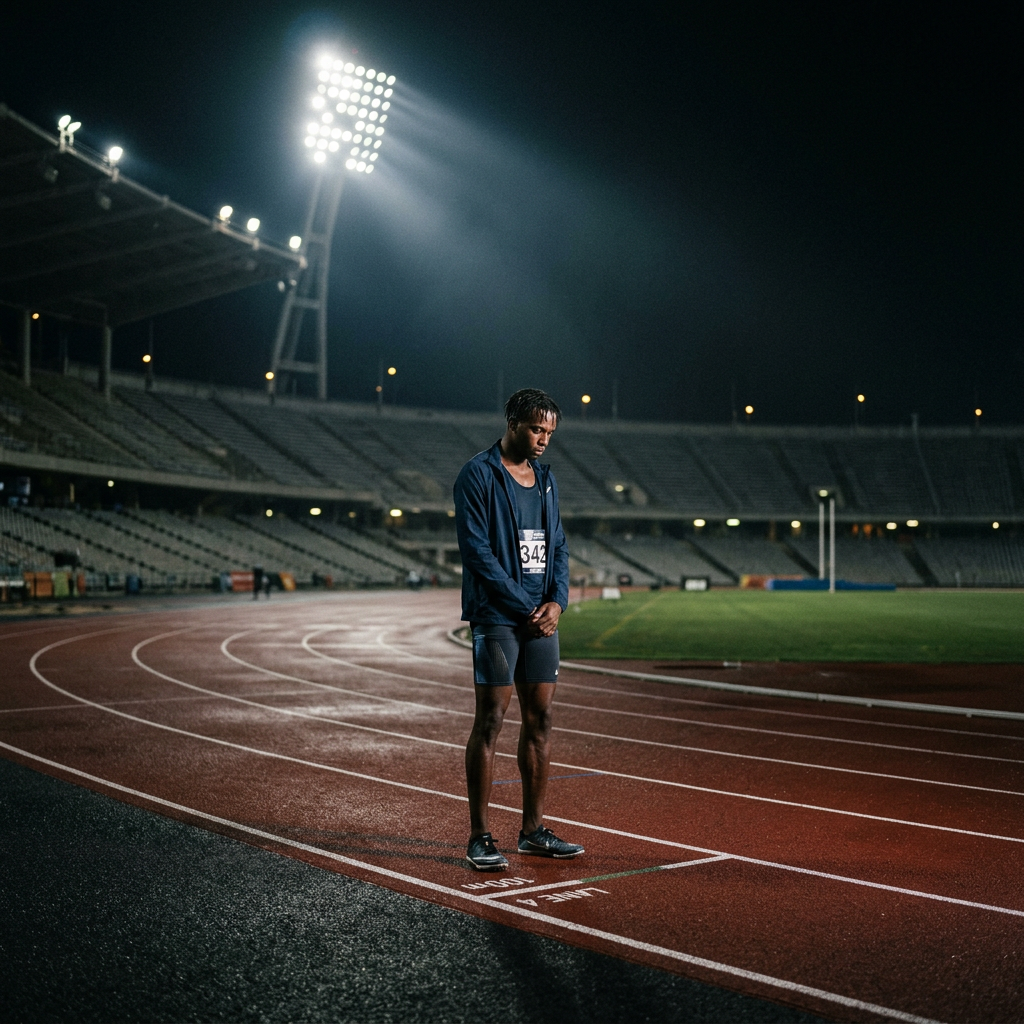 Athlete standing alone on a running track at night in empty stadium