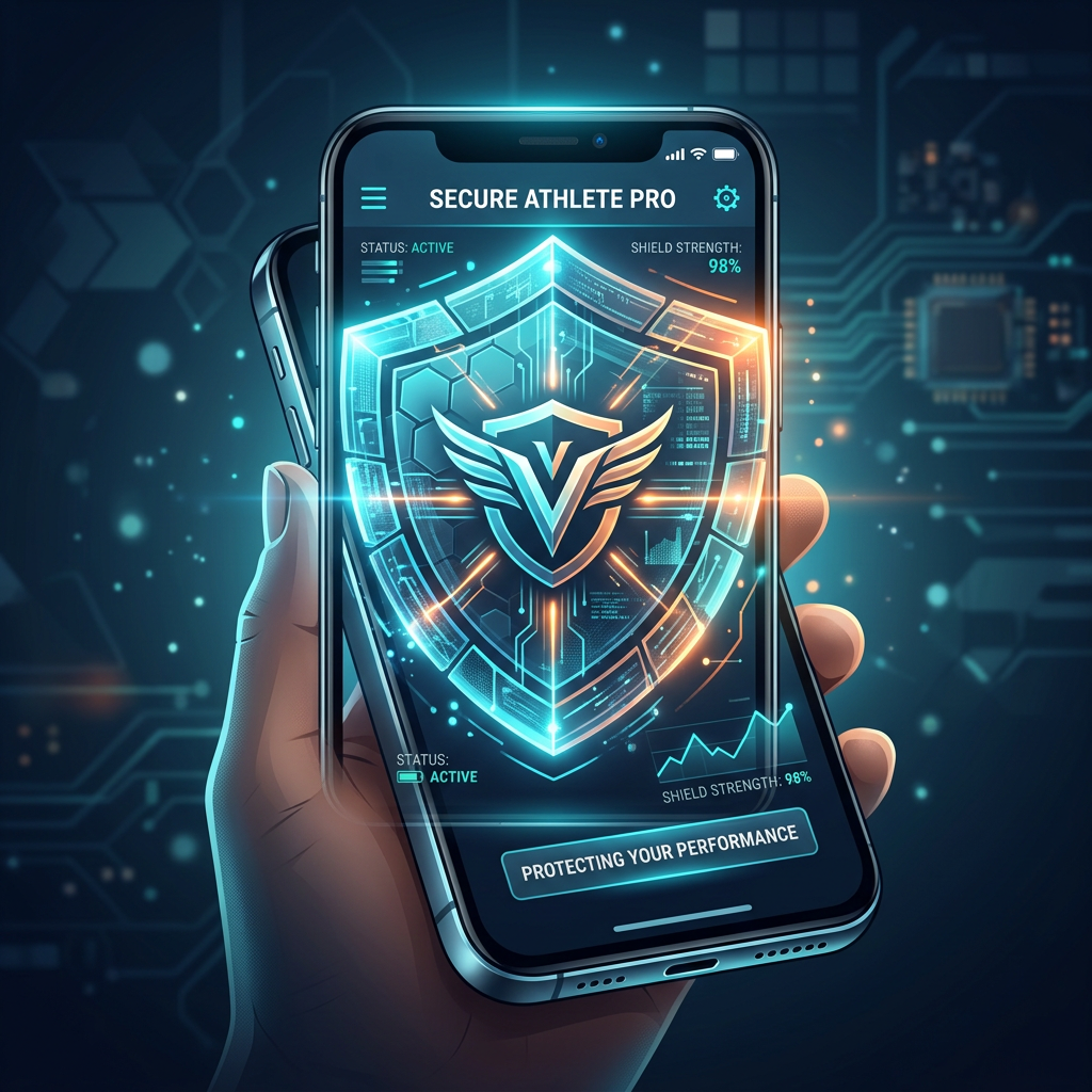 Smartphone screen showing Secure Athlete Pro app with active shield and performance data