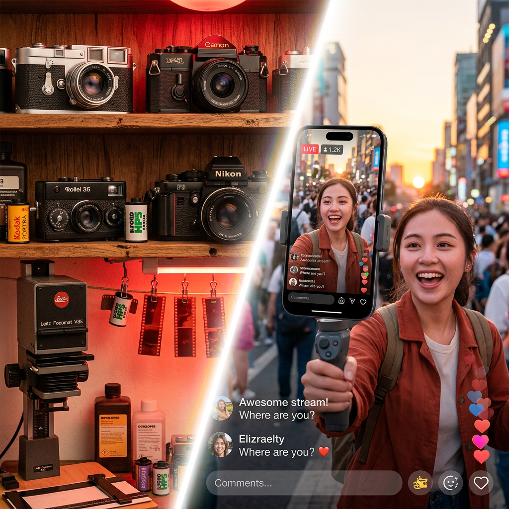 Vintage film cameras and developing equipment alongside woman live streaming on smartphone outdoors