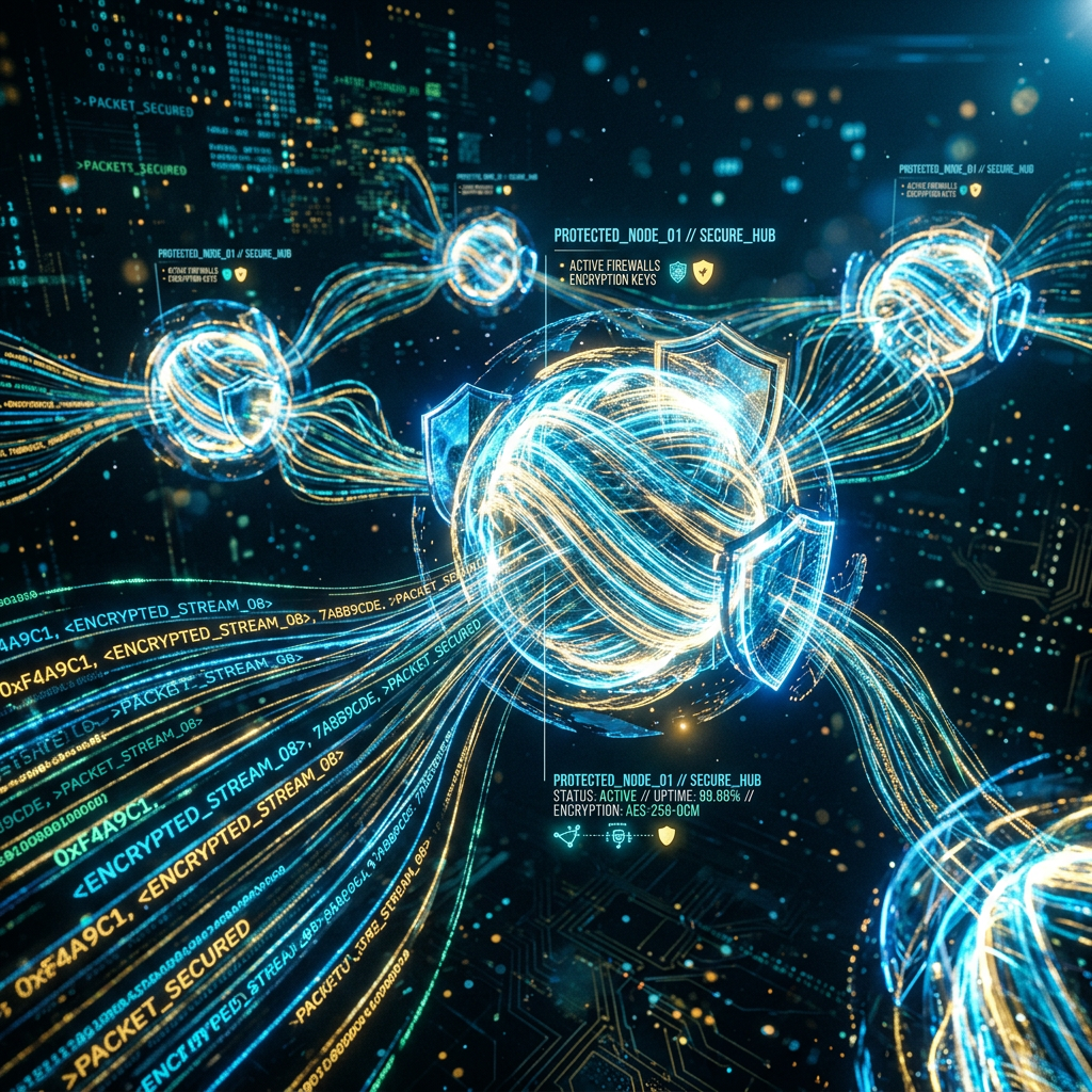 Encrypted data streams connecting secure network nodes with firewalls and encryption keys