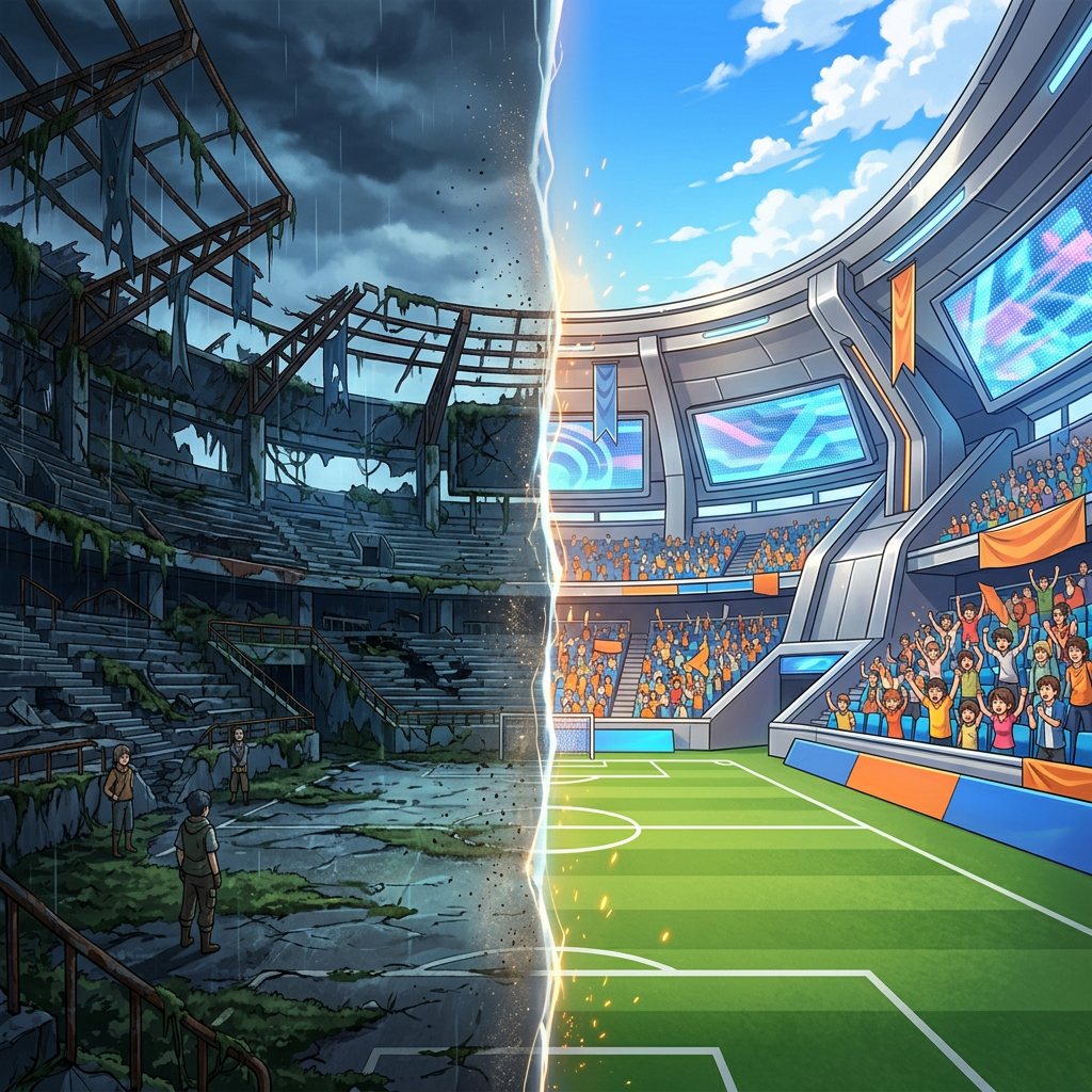 Split view of a stadium with one side abandoned and destroyed and the other side modern and full of fans