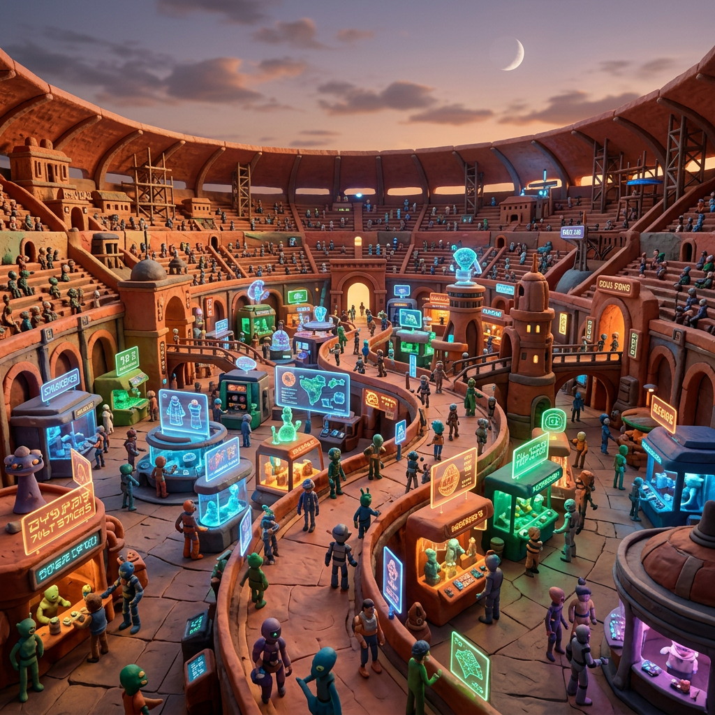 Marketplace with holographic displays and figures in a large ancient-style arena under twilight sky