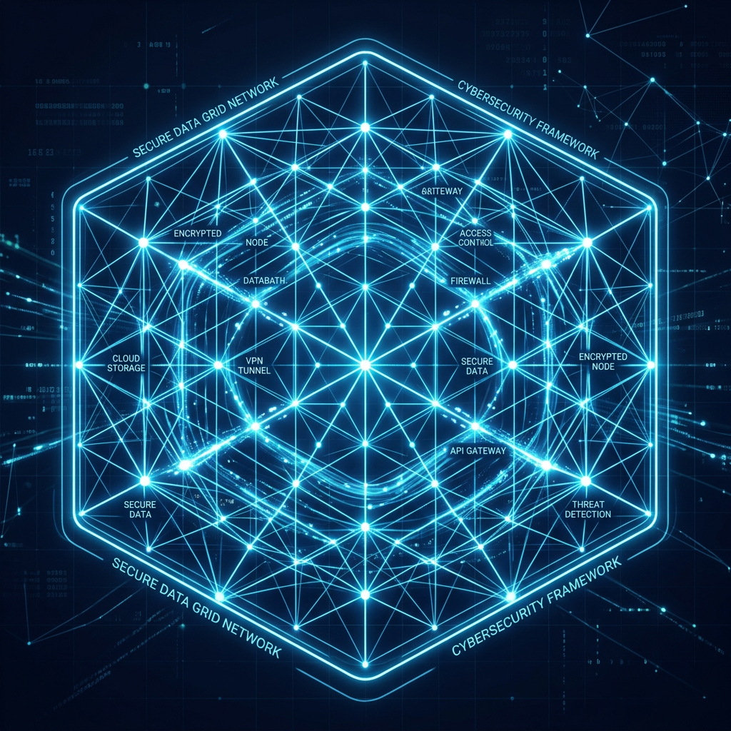 Hexagonal cybersecurity framework with nodes labeled secure data, VPN tunnel, firewall, API gateway, threat detection