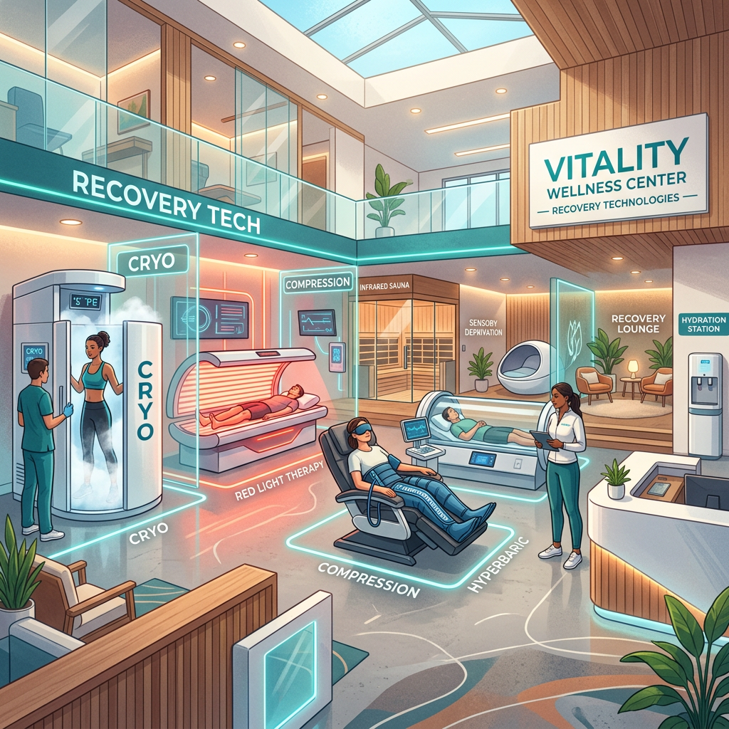 Wellness center with cryotherapy, red light therapy, compression, hyperbaric treatments