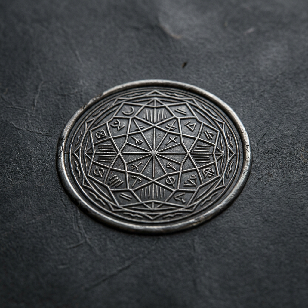 Circular metal talisman with intricate geometric patterns and symbols