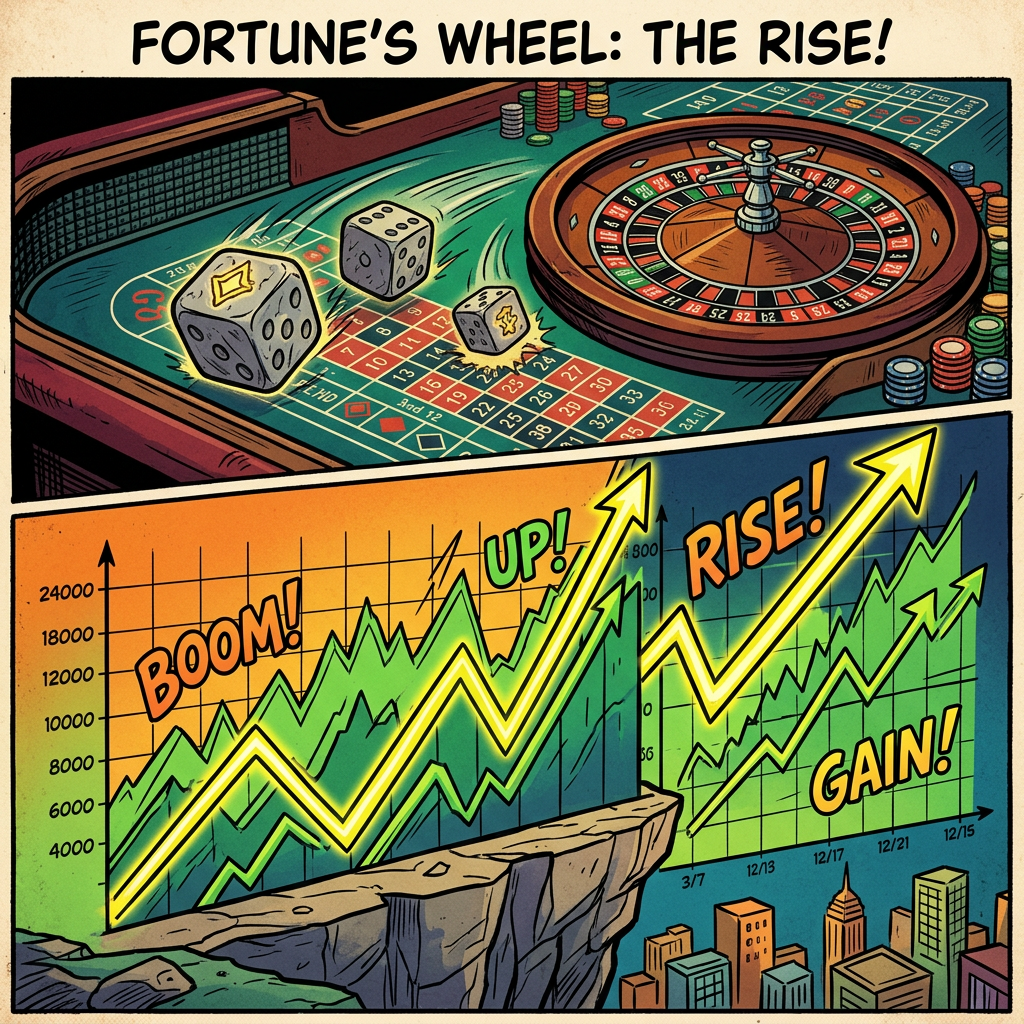 Casino roulette wheel and dice above rising stock market graphs with words Boom, Up, Rise, Gain