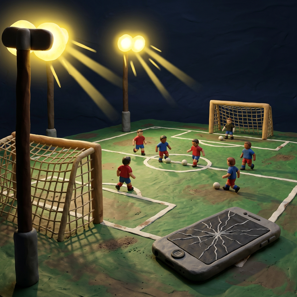 Miniature clay soccer players on a lit field with a cracked smartphone nearby