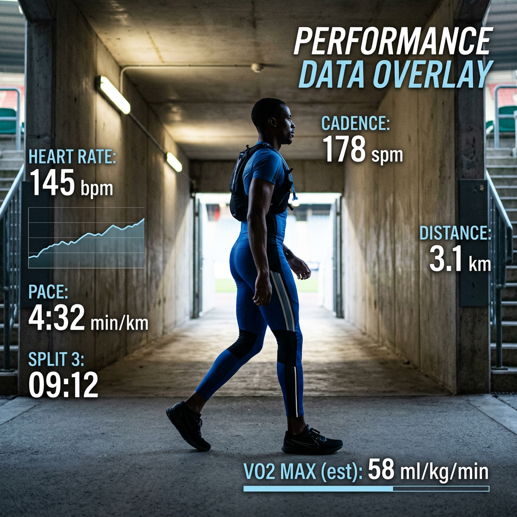 Runner walking in tunnel with heart rate 145 bpm, cadence 178 spm, distance 3.1 km, pace 4:32 min/km, split 3 at 09:12, and estimated VO2 max 58 ml/kg/min