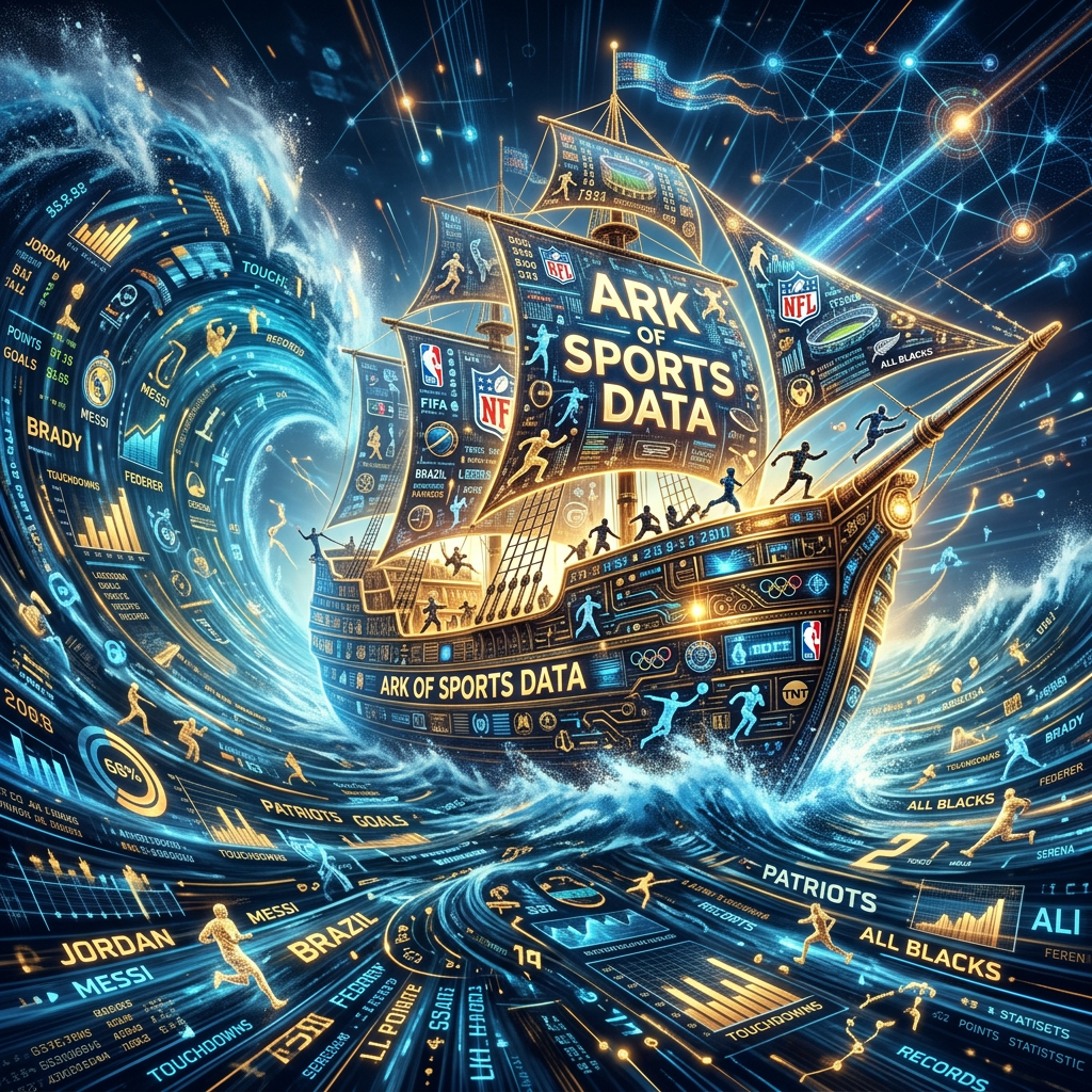 A glowing digital ship labeled Ark of Sports Data sailing through waves of sports statistics and player icons