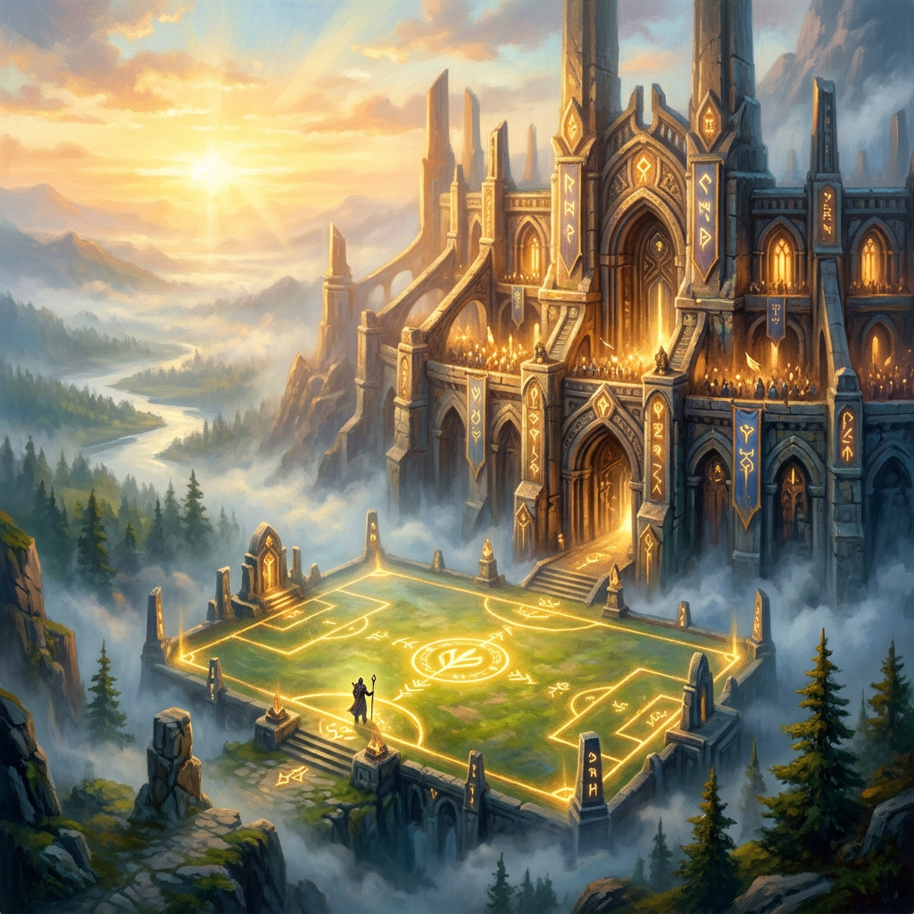 A grand fantasy fortress with glowing magical runes and banners at sunrise above misty mountains