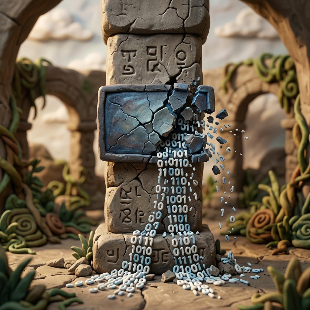 Cracked stone tablet releasing streams of binary code in ancient ruins