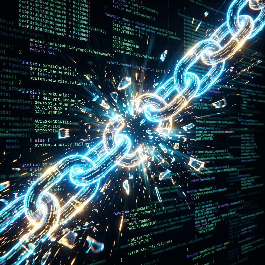Glowing broken chain link with programming code background representing blockchain attack