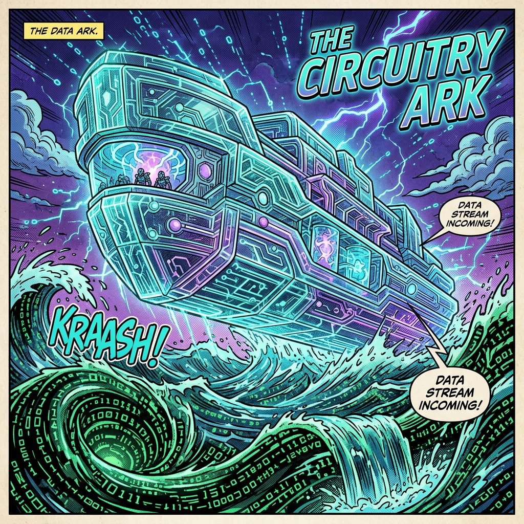 Digital ark with circuit patterns sailing on waves of binary code during a lightning storm