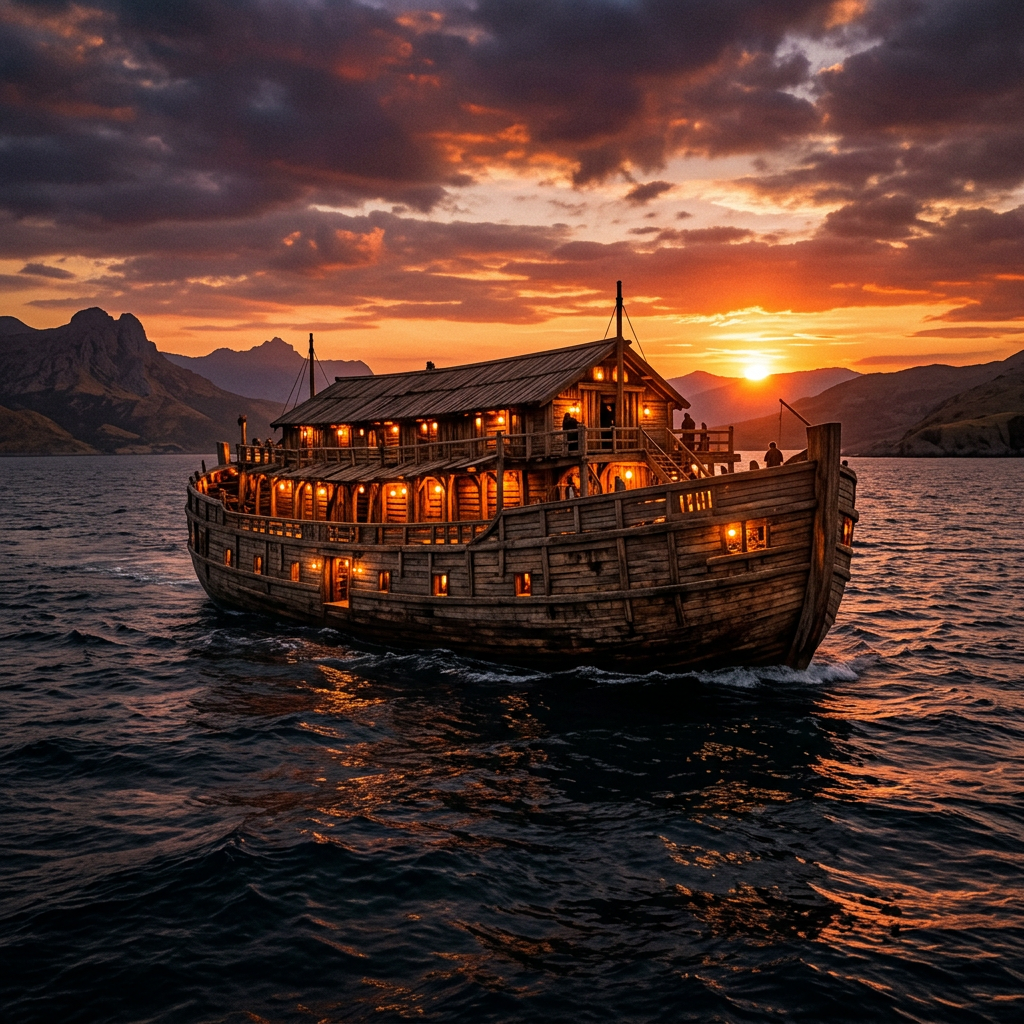 Wooden ship with lights on sailing at sunset near mountains