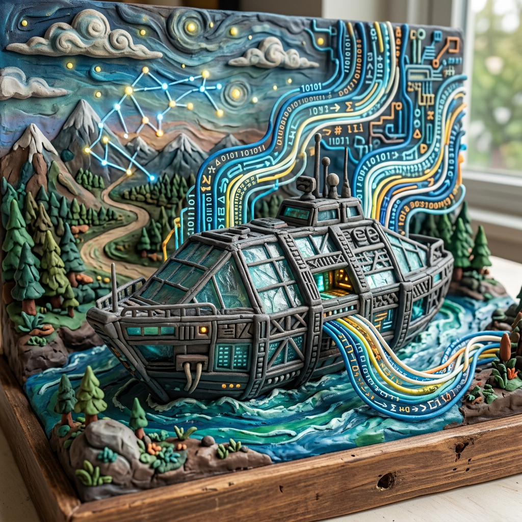 Futuristic submarine with glowing data streams in detailed natural diorama