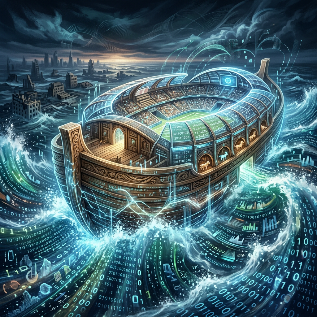 Ark-shaped structure with stadium inside sailing through floodwaters filled with digital binary code and graphs