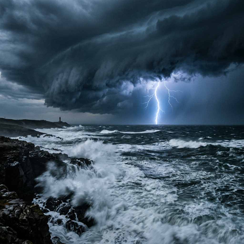Lightning bolt striking ocean with storm clouds and crashing waves