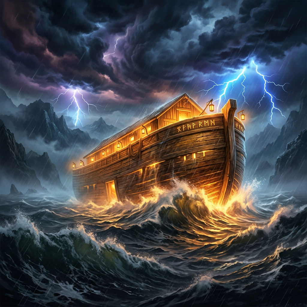 Wooden ark with glowing lights sailing through stormy rough seas with lightning in the dark cloudy sky