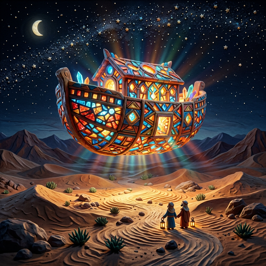 A colorful, glowing ark with stained-glass windows floating over a desert with two figures holding lanterns below