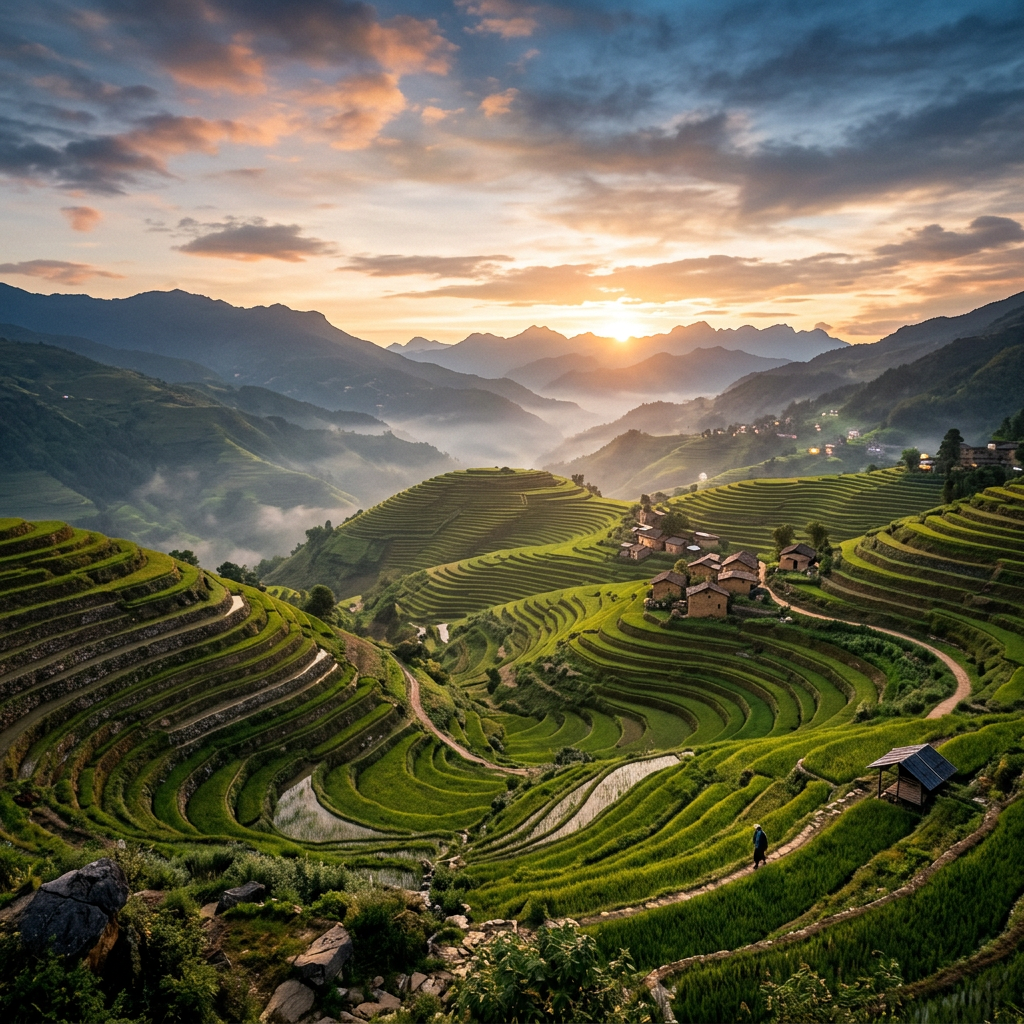 Terraced rice fields cascading down hills with mountains and sunset sky
