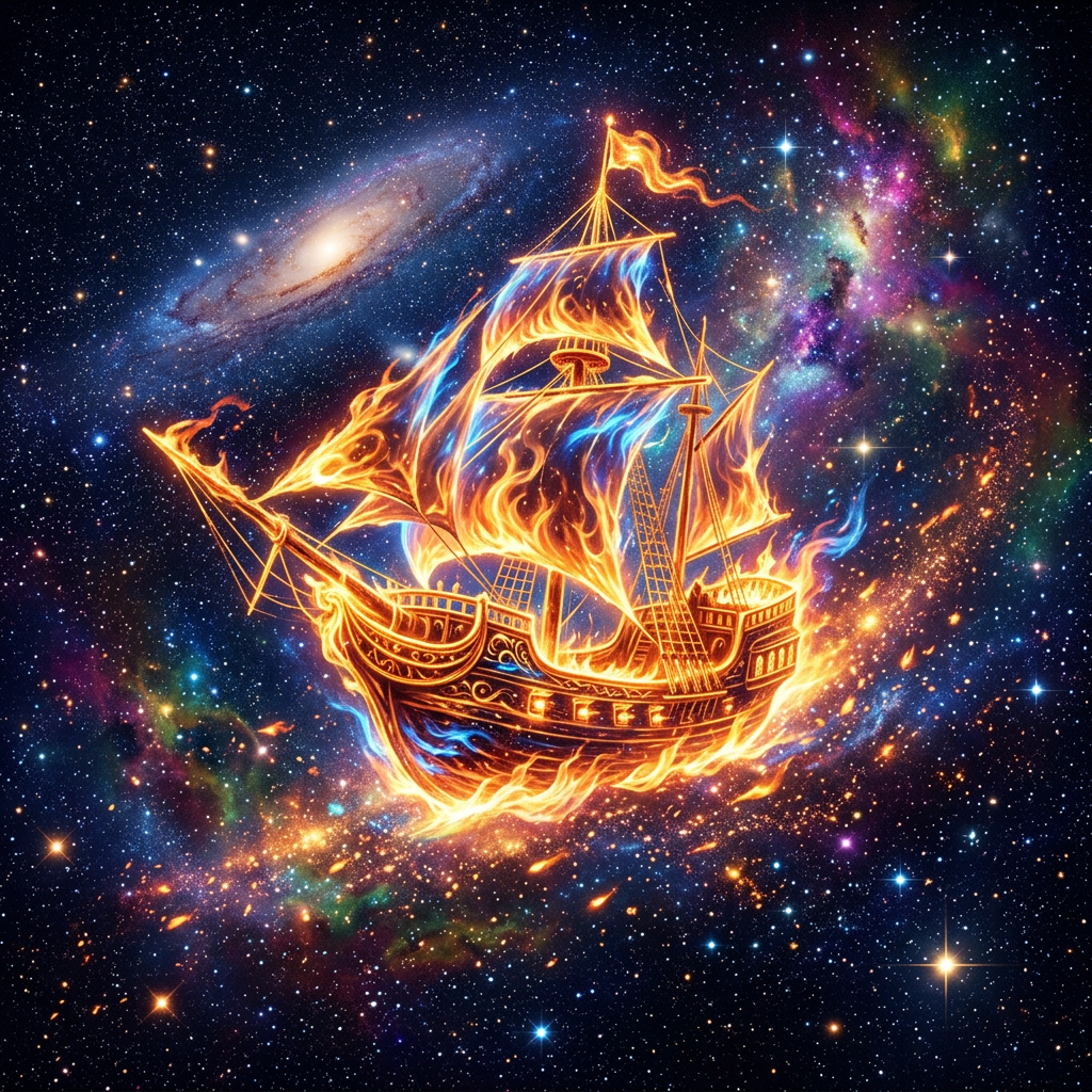 A ship made of fire sailing through a vibrant galaxy with stars and colorful nebulae