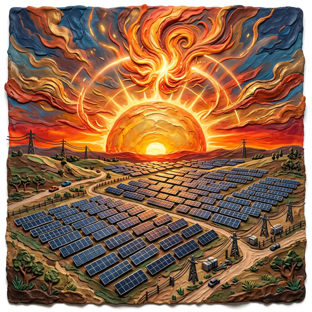 Large solar panel field with electrical towers under a glowing sunrise with swirling clouds