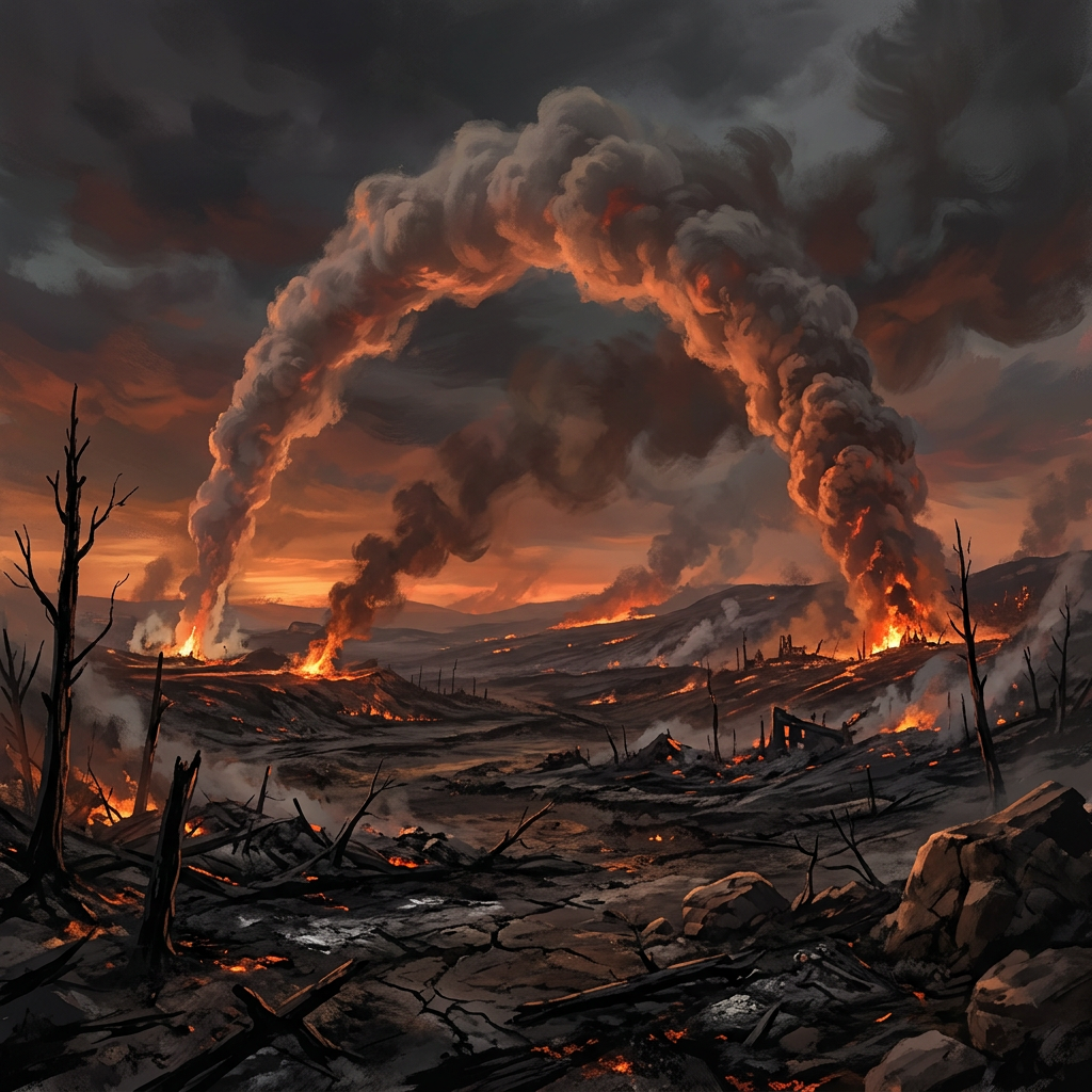 Smoky volcanic eruptions igniting a barren, charred landscape