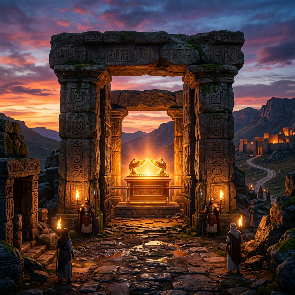 Glowing Ark of the Covenant inside ancient stone temple guarded by armed figures at sunset