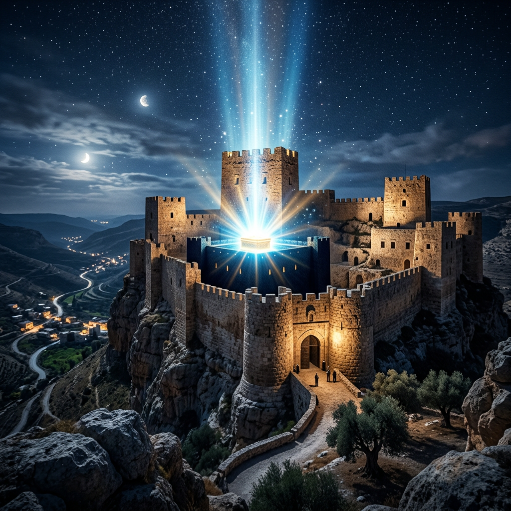 Ancient stone castle on mountain with glowing chest emitting bright magical light