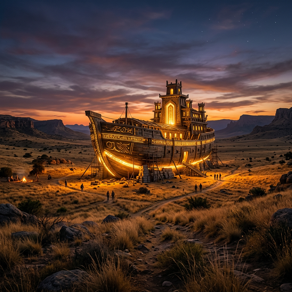 Large illuminated wooden ark on dry grassland with people around at dusk