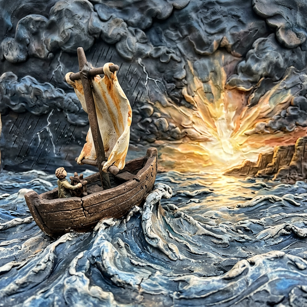 Small brown sailing boat on turbulent blue-gray waves under stormy clouds with sunlight breaking through