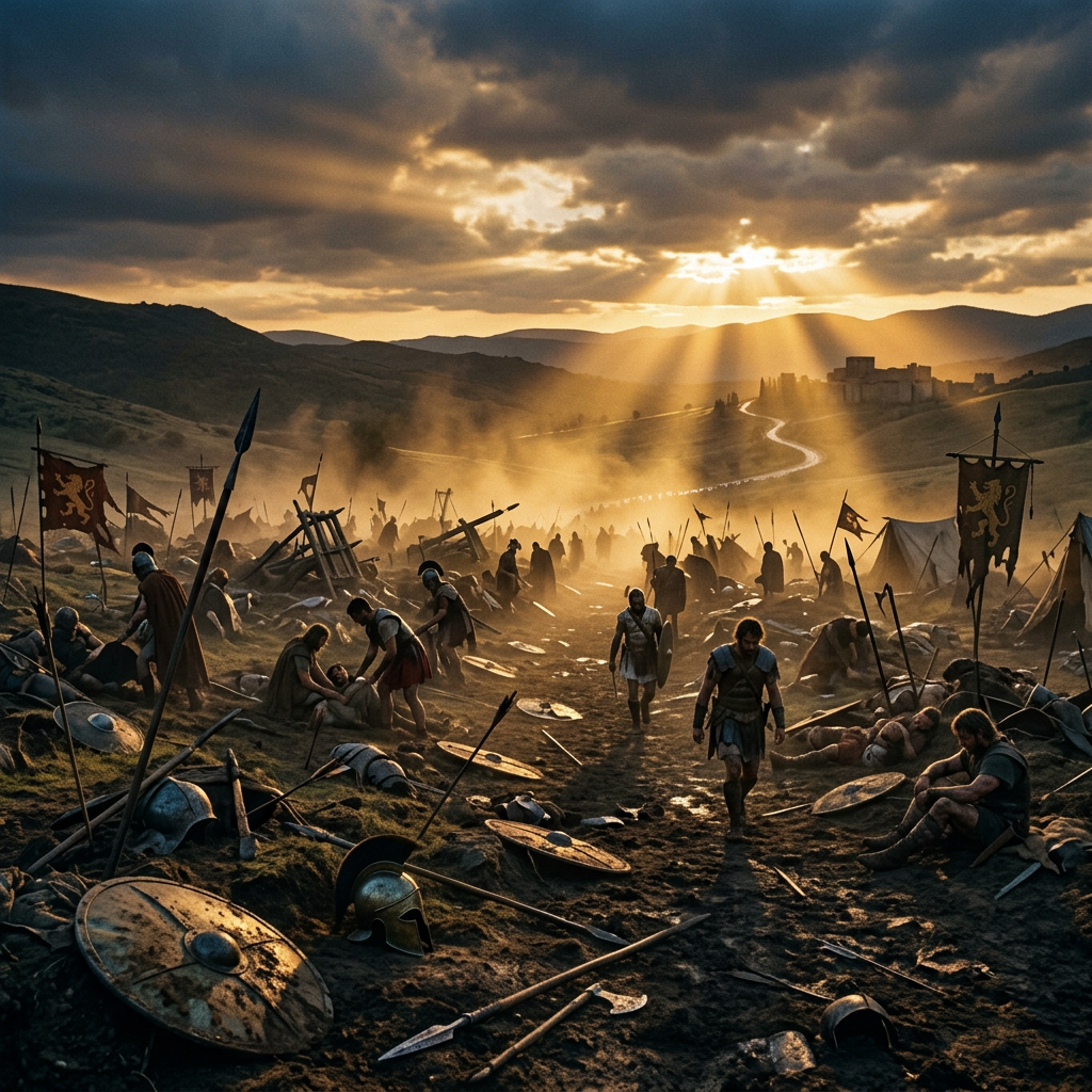 Ancient warriors amid battlefield ruins with scattered weapons and armor at sunset