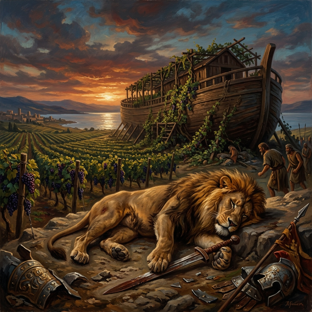 A lion lying peacefully by a sword near Noah's Ark and grapevines at sunset