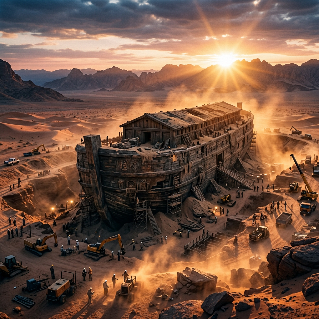 Large wooden ship being excavated by workers and machinery in desert at sunset