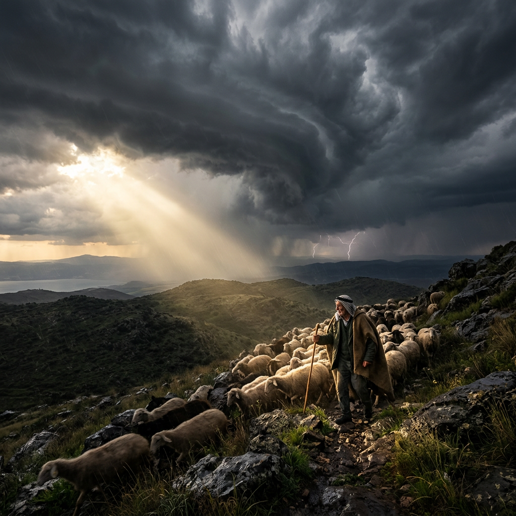 Shepherd walking with sheep on rocky hillside under stormy sky with lightning and sun rays