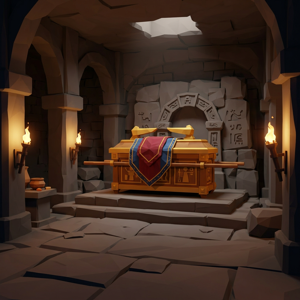 Stone temple interior with golden ark on stone pedestal under torchlight